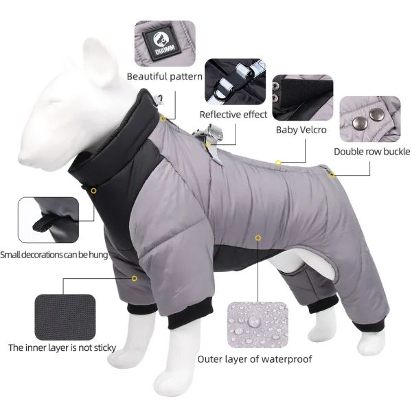 Winter Warm Dog Jacket Reflective Four Legged Clothes Outdoor Waterproof Windproof Traction Harness Jumpsuit French Bulldog Coat - Image 3